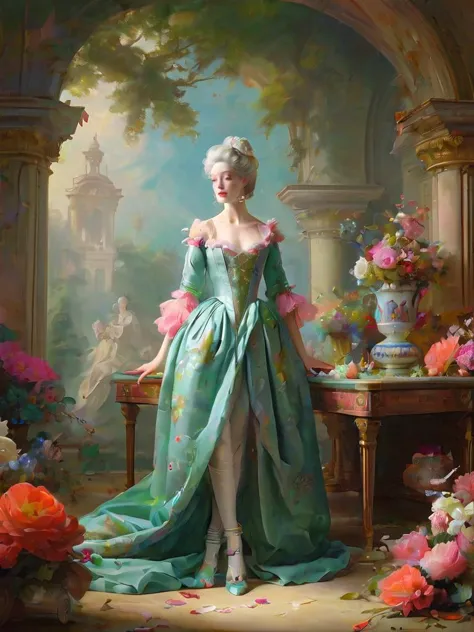 Rococo-inspired oil painting of a noble at a garden party, their elegant stance and luxurious attire detailed amidst a backdrop of playful cherubs and intricate floral arrangements, by François Boucher and Jean-Honoré Fragonard, cinematic composition, trending on ArtStation.