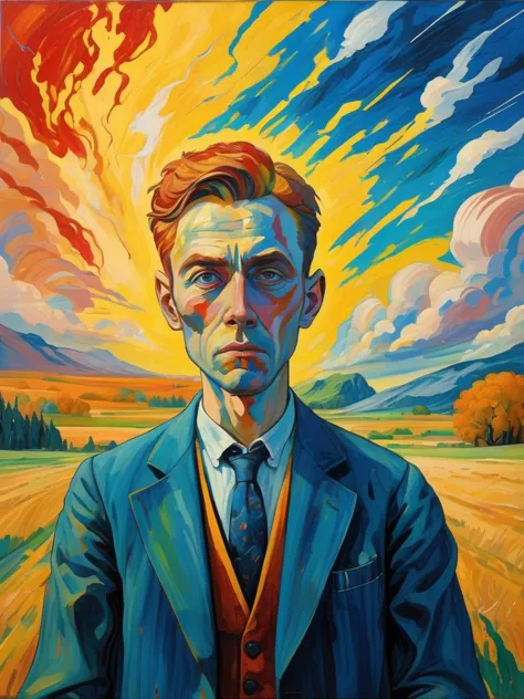 a painting of a man in a suit and tie standing in a field