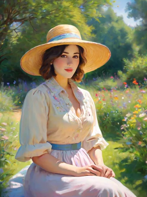 a painting of a woman in a hat sitting in a garden