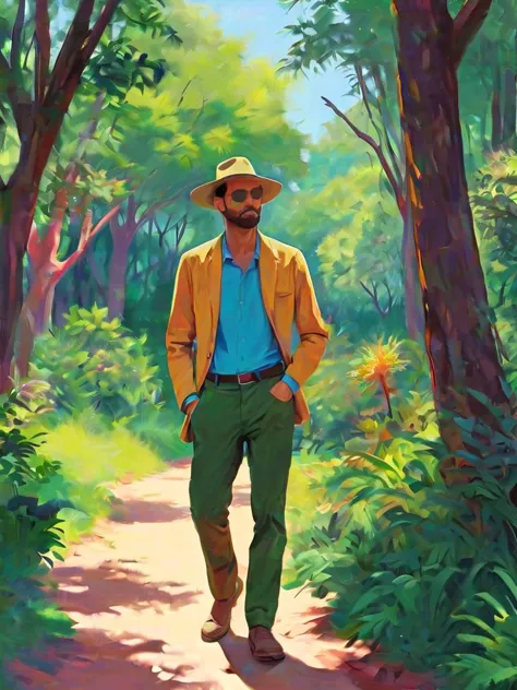 Fauvist-style oil painting of an explorer in a tropical jungle, their bright clothing contrasting with the lush, wild environment around them, by Henri Matisse and André Derain, cinematic composition, trending on ArtStation.