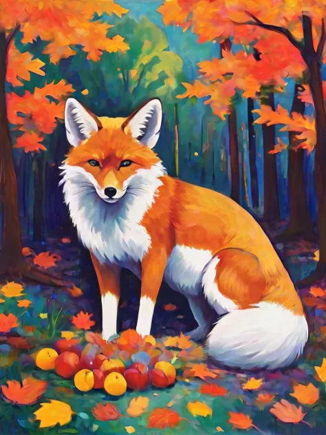 Fauvist-style oil painting of a spirited fox in a vivid, abstract forest, complemented by a still life of bright ceramic pottery and scattered autumn leaves, by Henri Matisse and André Derain, cinematic composition, trending on ArtStation.