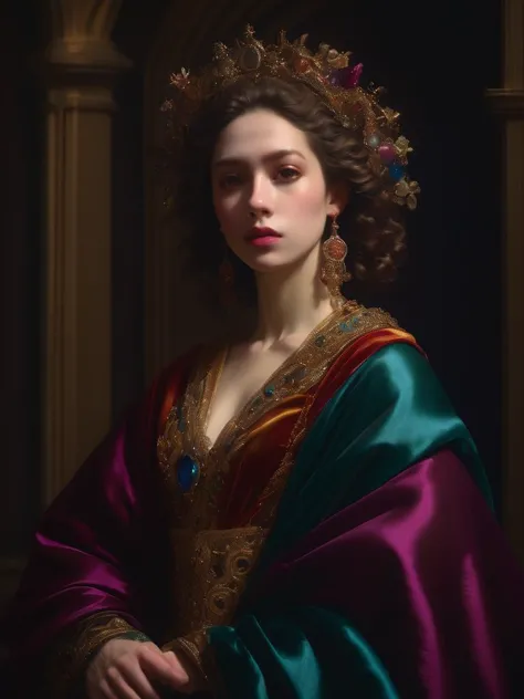 Baroque-style portrait of a person draped in rich, jewel-toned fabrics, gazing thoughtfully into the distance, by Rembrandt and Caravaggio, cinematic composition, trending on ArtStation.