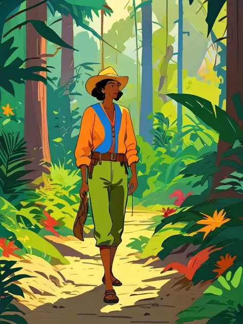 Fauvist-style oil painting of an explorer in a tropical jungle, their bright clothing contrasting with the lush, wild environment around them, by Henri Matisse and André Derain, cinematic composition, trending on ArtStation. , full body