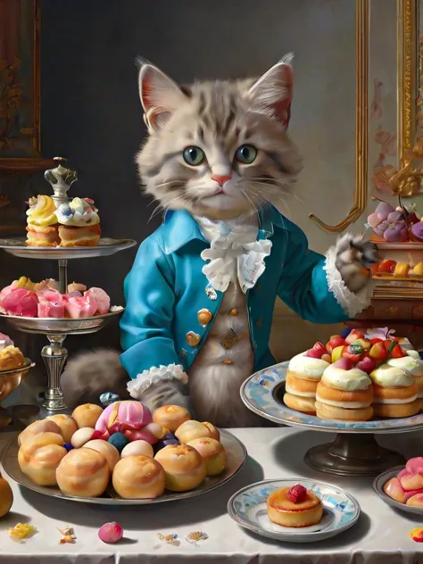 Rococo-inspired oil painting of a playful kitten amidst a lavish arrangement of sweets and pastries, set against a backdrop of ornate silverware and delicate lace, by François Boucher and Jean-Honoré Fragonard, cinematic composition, trending on ArtStation.