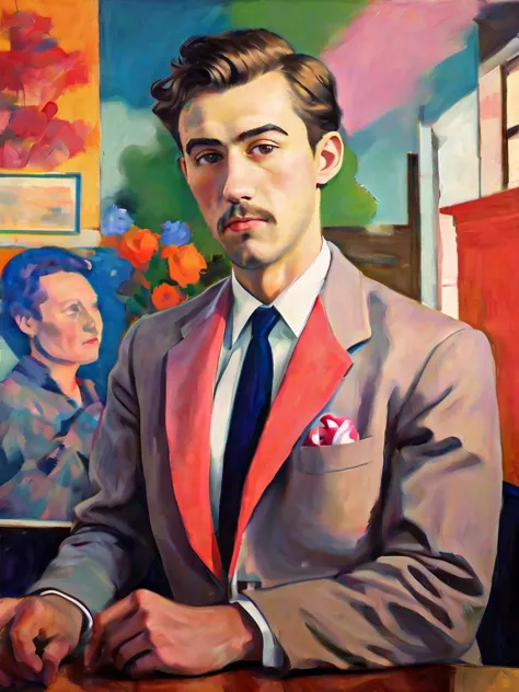 painting of a man in a suit sitting at a table