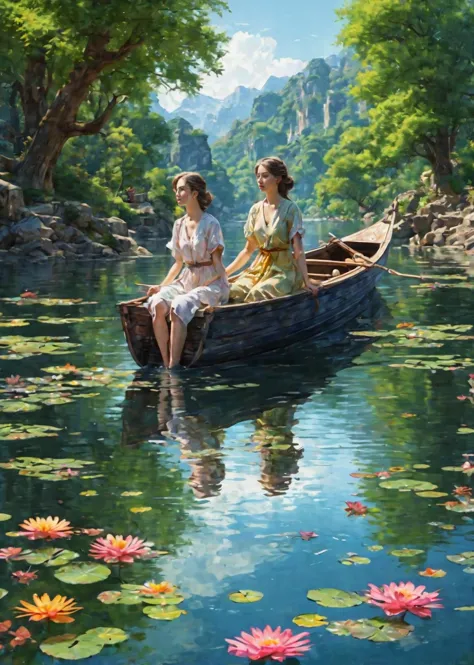 painting of two women in a boat on a lake with lily pads