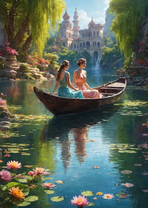 painting of two women in a boat on a lake with water lillies