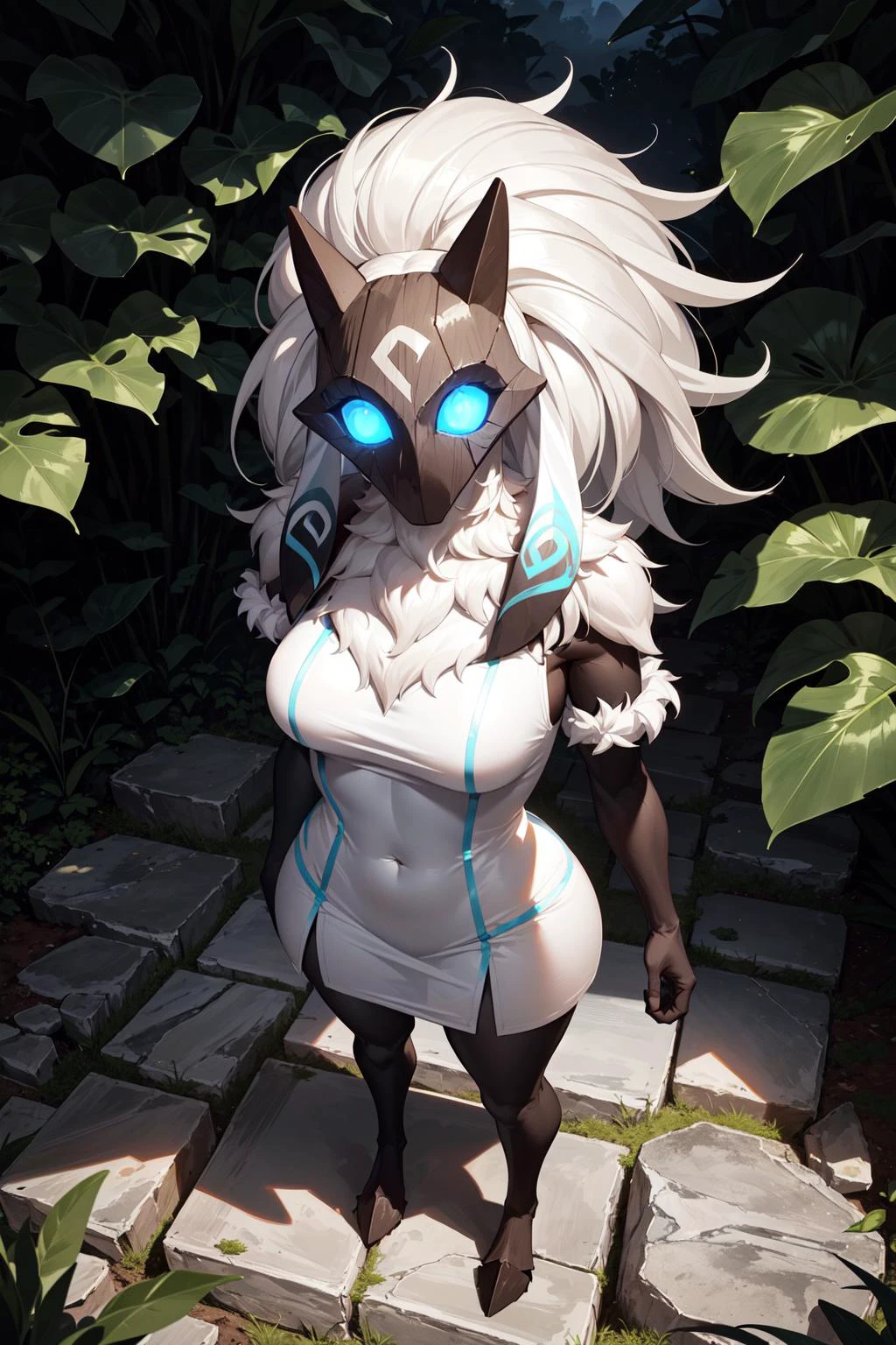 (masterpiece, best quality:1.4),
1girl, standing, full body, furry female, body fur, (white fur, white skin:1.1), chest tuft, digitigrade, (cowboy shot:1.2), (from above, face focus:1.4),
white hair, long hair,
black mask, (blue eyes, glowing eyes:1.4),
hooves,
(white dress:1.4),
small breasts,
BREAK,
nature, jungle, magical forest, fantasy forest, grass, purple leaves, plants, glowing flowers, rocks, day,