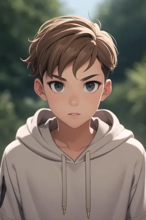 a young boy with brown hair and a hoodie looks at the camera