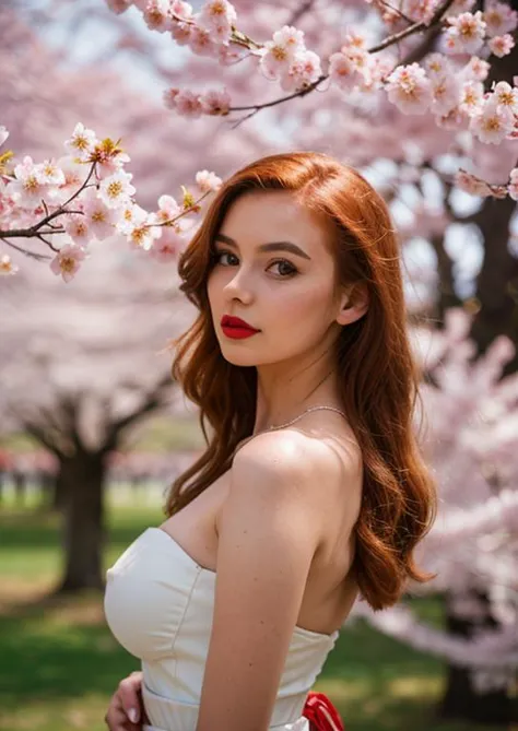 a woman in a white dress standing under a tree with pink flowers