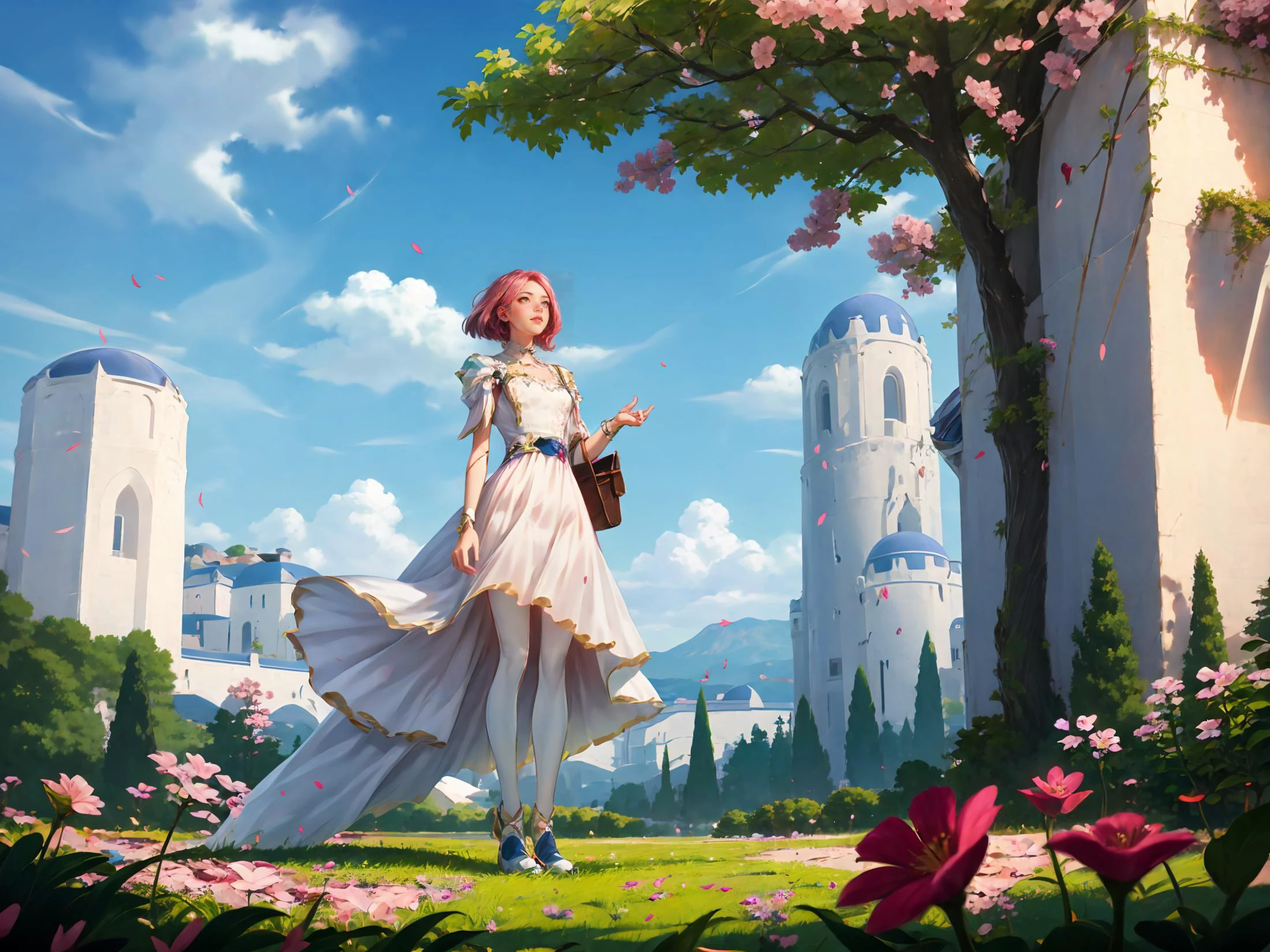 HEZI,LOL,lol-Stil,Spiel-CG,eine Frau in einem weißen Kleid steht vor einem Baum mit rosa Blüten und einem blauen Himmel,Chizuko Yoshida,Rossdraws globale Beleuchtung,ein detailreiches Gemälde,