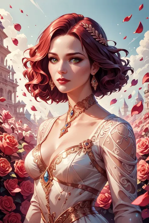 a woman in a dress standing in front of roses