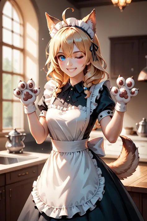 a close up of a woman in a maid outfit holding a cat