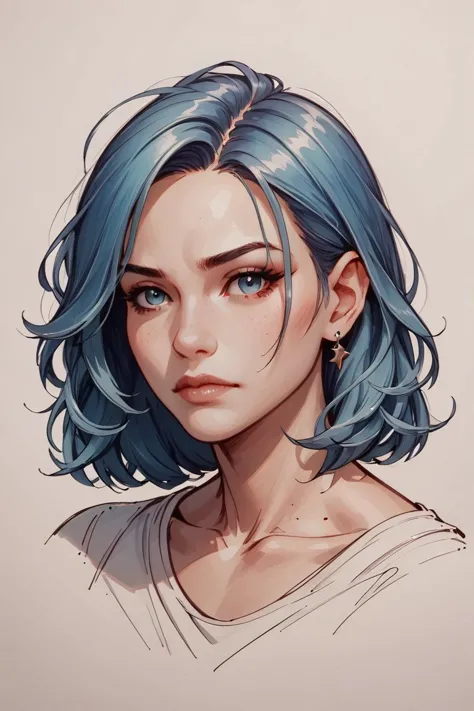 a drawing of a woman with blue hair and blue eyes