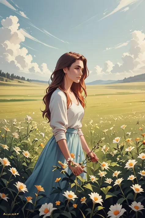 a painting of a woman in a field of daisies