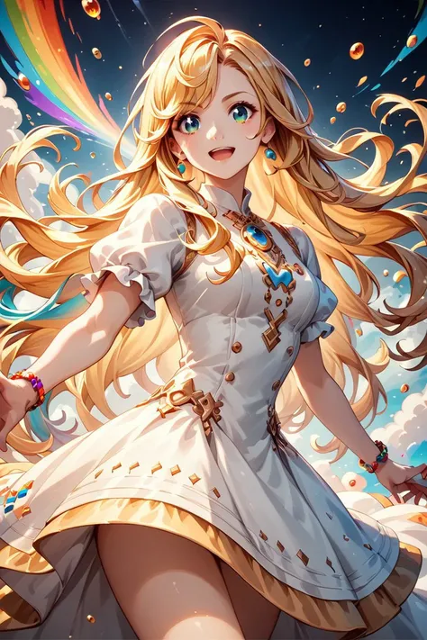 a girl in a white dress with long blonde hair and a rainbow