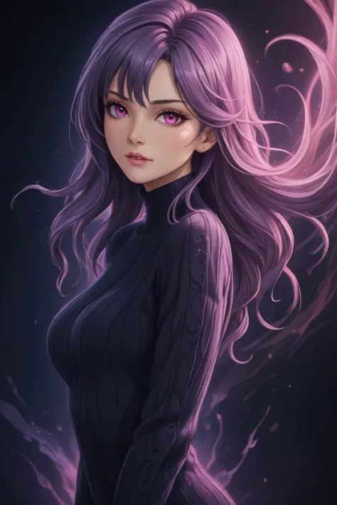 score_9, score_8_up, score_7_up, score_6_up, score_5_up, 3dmm style,(masterpiece, top quality, best quality, official art, beautiful and aesthetic:1.2), (fractal art:1.3), 1girl, beautiful, high detailed, purple hair with a hint of pink, pink eyes, dark lighting, serious face, looking the sky, sky, medium shot, black sweater, jewelry, drawing with colored pencil style, large strokes, finalized with ink, fine lines