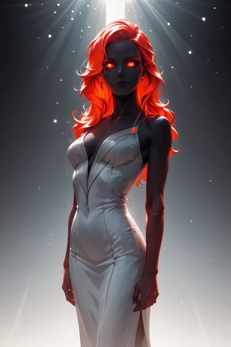 a woman in a white dress with red hair and a star in the background