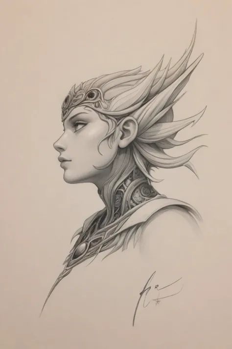 a drawing of a woman with a headpiece and a feather