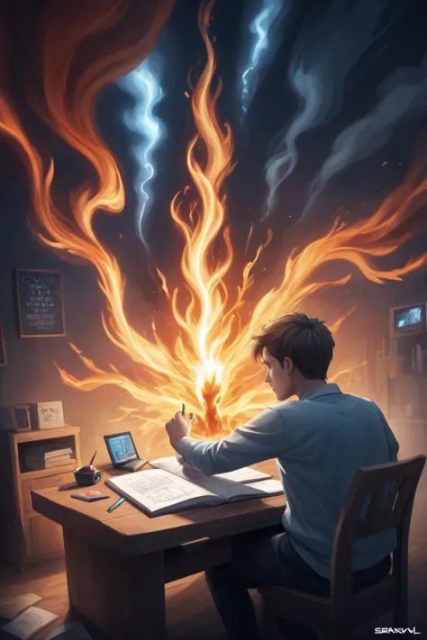 a man sitting at a desk with a laptop and a fireball