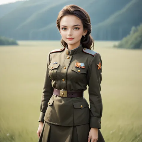 a woman in a military uniform standing in a field