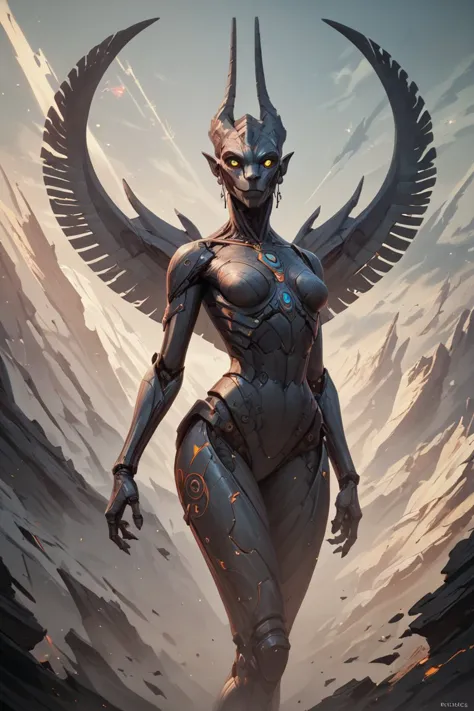 a woman in a futuristic suit with a large bird on her head