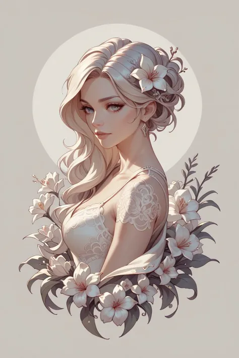 a woman with flowers in her hair and a white dress