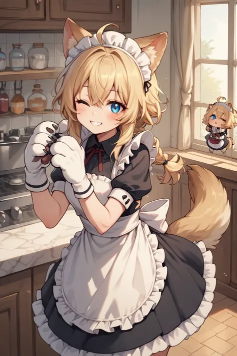 anime girl in a maid outfit with a cat in the kitchen