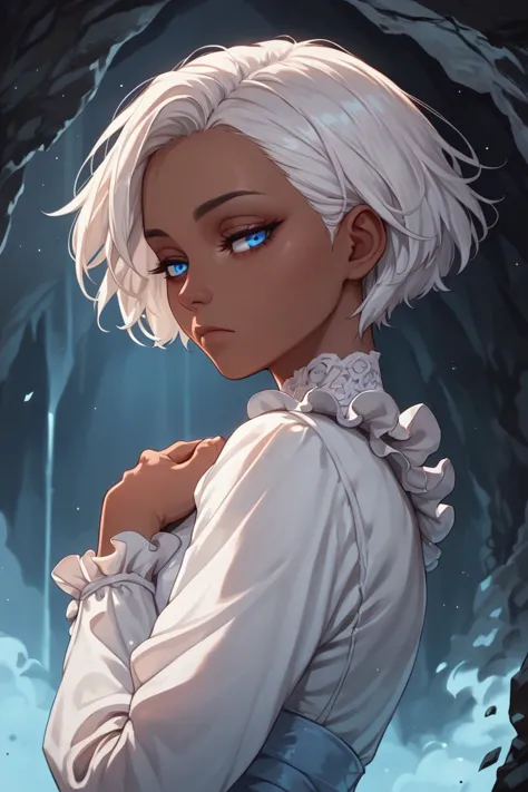 a woman with white hair and blue eyes standing in front of a cave