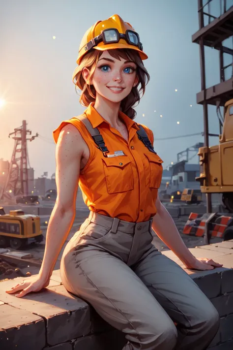 a woman in an orange shirt and helmet sitting on a wall