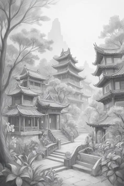 a drawing of a japanese garden with a pagoda in the background