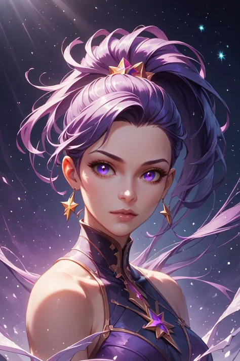 a woman with purple hair and purple eyes in a space setting