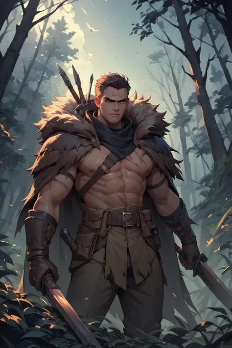 a man in a forest with a sword and a cape