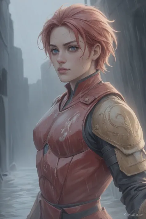 a woman in a red leather outfit standing in the rain