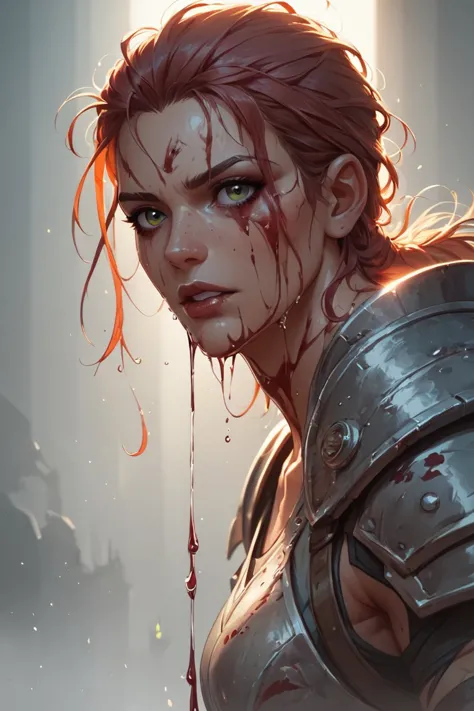 a woman with blood on her face and armor holding a knife