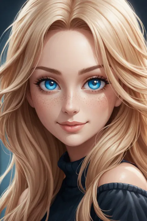 a drawing of a blonde haired girl with blue eyes