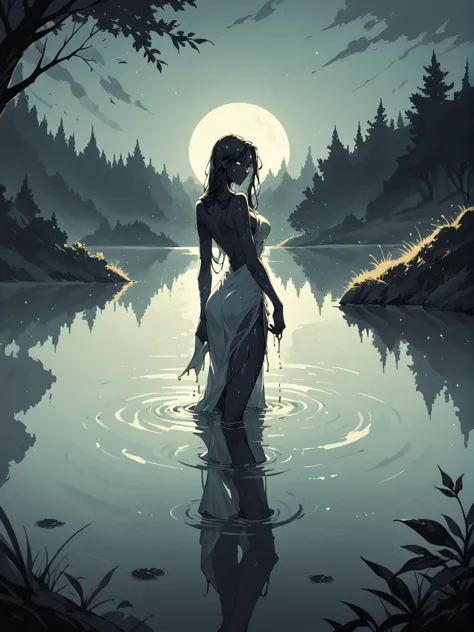 a woman in a white dress standing in a body of water