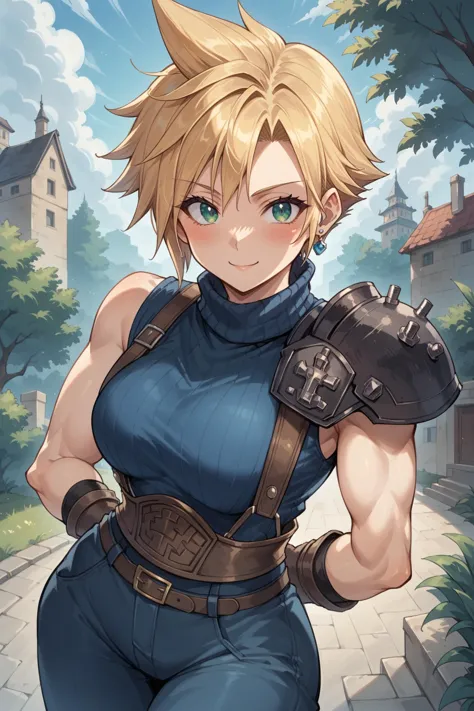 (source_anime:1.1), score_9, score_8_up, score_7_up, masterpiece, best quality, masterfully detailed, 1girl, solo, (defCloud:1.1), blonde hair, short hair, green eyes, large breasts, single earring, suspenders, shoulder armor, sleeveless turtleneck, baggy pants, blue pants, belt, gloves, blush, hands behind back, cute pose, smile, outdoors,
<lora:cloudstrife-pdxl-novowels:1>