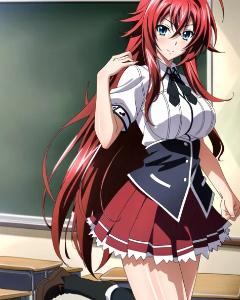 masterpiece, best quality, ultra-detailed, hires,  beautiful, detailed hair and eyes, 
1girl, red hair, long hair, ahoge,rias gr...