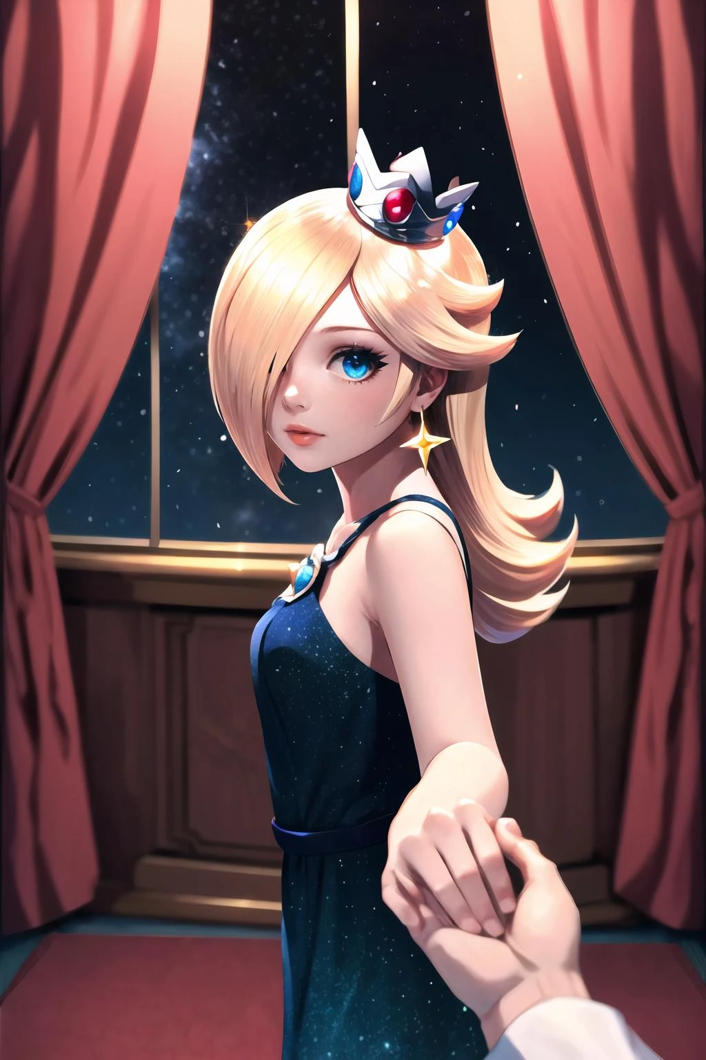 Highly detailed, High Quality, Masterpiece, beautiful, 1girl, IncrsHoldingHandsPov, pov hands, from side, Rosalina, Rosalina_StarryNightDress, one eye covered, hair over one eye, crown, 