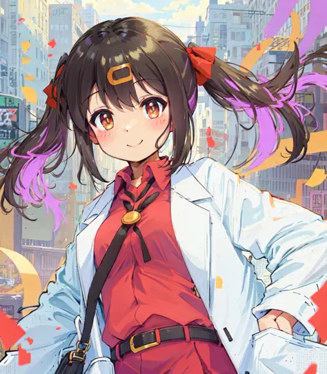 1girl, cowboy shot, straight-on, looking at viewer, light smile,  blush stickers, (short twintails:1.2), black hair, hair ribbon, red ribbon, ((hairclip)), closed mouth, ((white long coat)), collared shirt, red shirt, labcoat, long sleeves, hands in pocket...