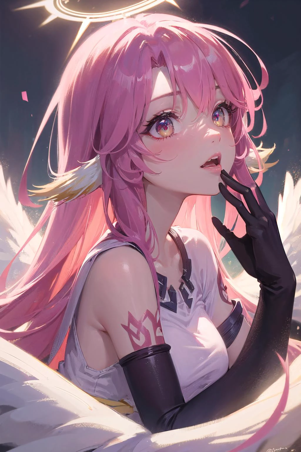Ultra-detail,(highres:1.1),best quality,(masterpiece:1.3),cinematic lighting,
ngnl_jibril,long hair,pink hair,halo,showing back,looking away
(detailed face and eyes:1.3),detailed teeth,