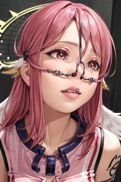 a close up of a person with pink hair and glasses