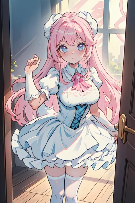 a close up of a woman in a dress standing in front of a door