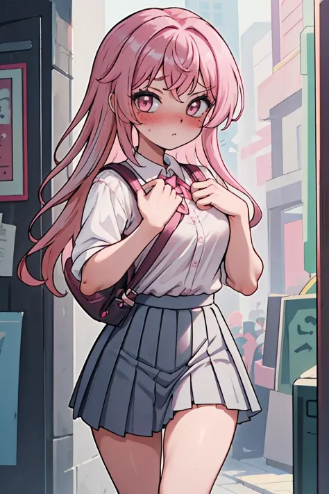 anime girl in school uniform standing in a city street