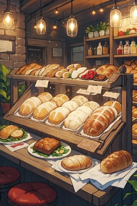 there are many breads and buns on display in a bakery