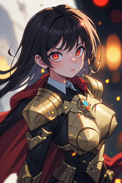 a woman in armor with red eyes and a cape