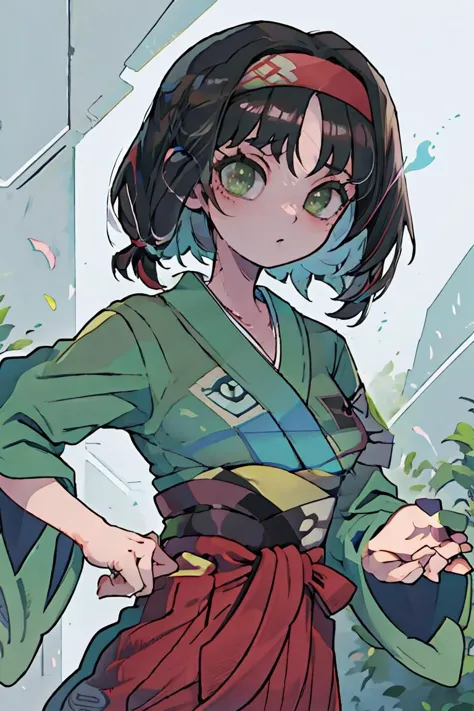 (masterpiece, best quality), 1girl,   <lora:Erika_Pokemon_Anime_Dim32:1> Erika_Pokemon, green eyes, short black hair, kimono, hakama, red hairband,