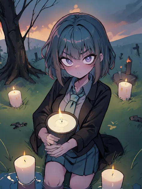 anime girl sitting in the grass with candles in front of her