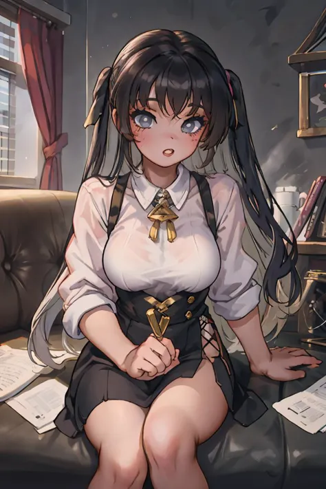 anime girl sitting on a couch with a book and a book